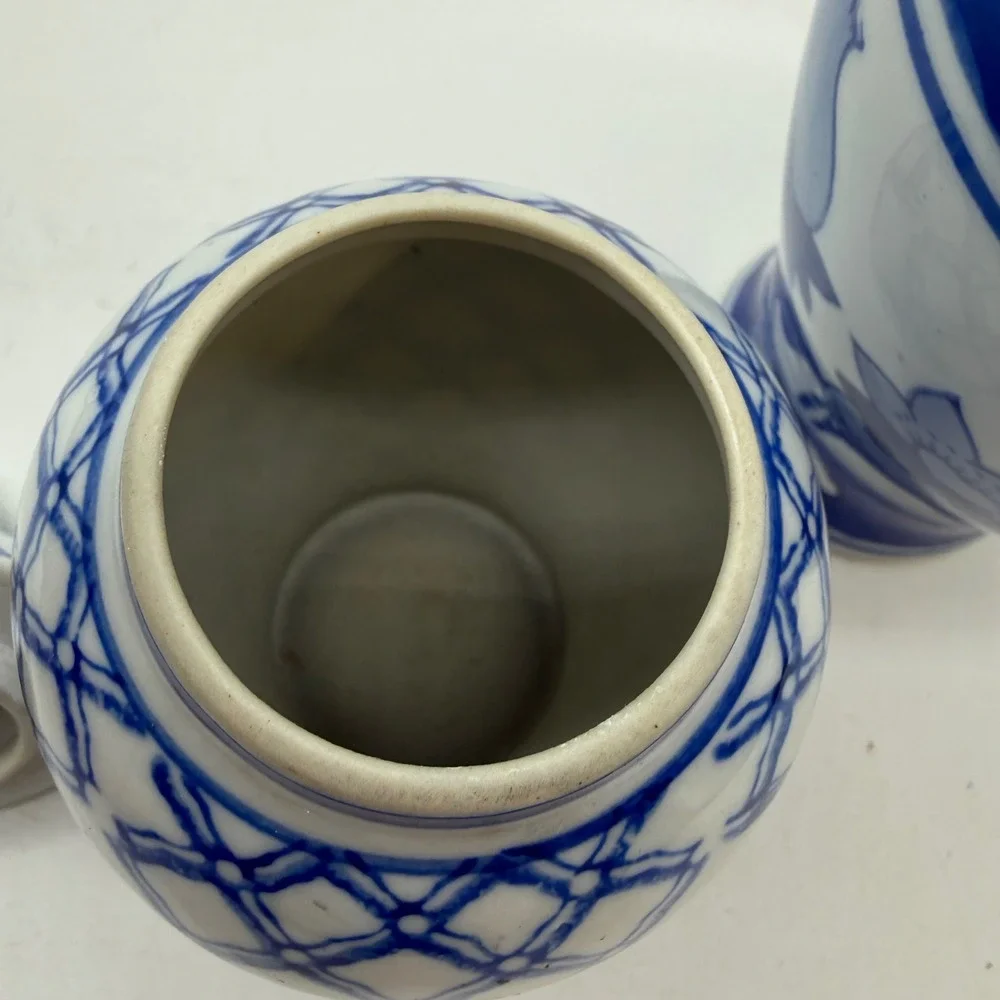 Vintage Blue and White Ceramic Ginger Jars Set of 2 Floral Lattice Chinoiserie